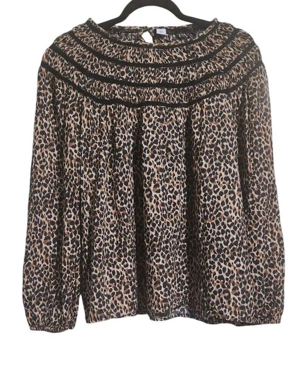 Old Navy Top Women Large Black Leopard Animal Print Long Sleeve Crochet Ruched